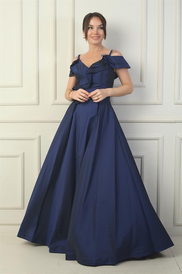 Women's Strappy Boat Neck Long Taffeta Evening Dress with Rose Detail, Lined, and Pockets