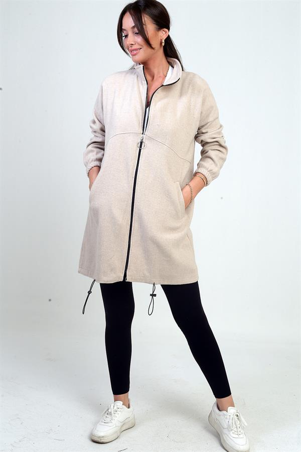 Manteau long en cachemire pour femme avec fermeture éclair sur le devant et poches élastiquées