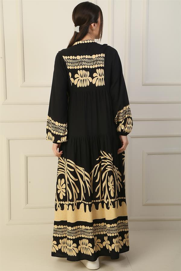 Önü Yarım Düğmeli Kolu Lastikli Empirme Tesettür Uzun Elbise