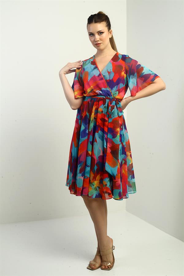 Women's Wrap Neckline Lined Chiffon Rainbow Dress with Belt