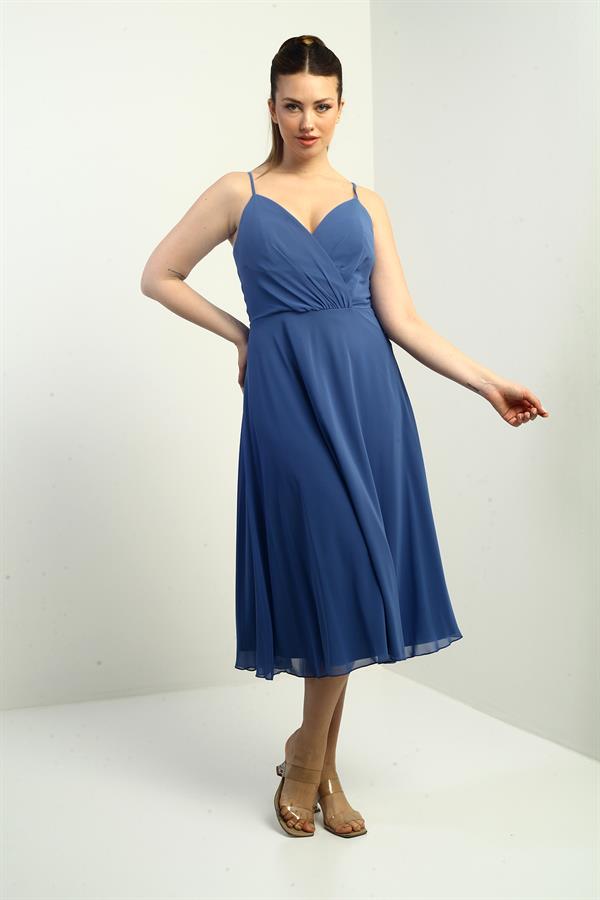 Kadın İp Askılı Kruvaze Yaka Astarlı Arkası Bağcıklı Kloş Şifon Elbise