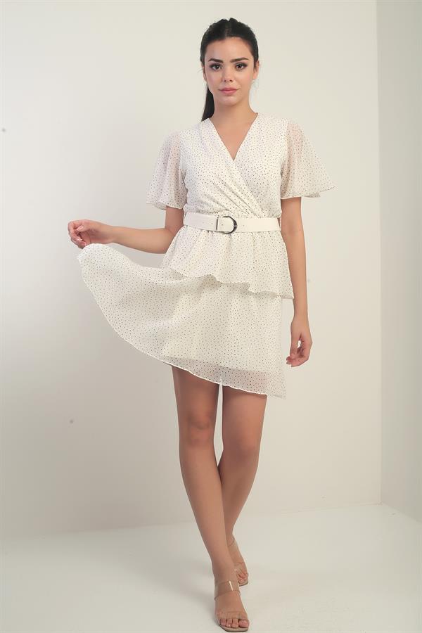 Women's Wrap Neckline Belted Lined Polka Dot Layered Chiffon Short Dress