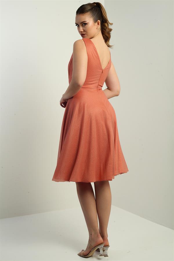 Kadın Kruvaze Yaka Astarlı Kloş Simli Kısa Elbise