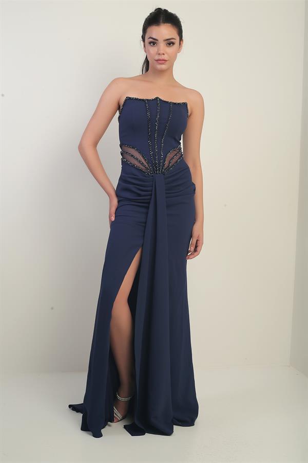 Robe longue bustier pour femme avec détails perlés et doublure transparente à la taille