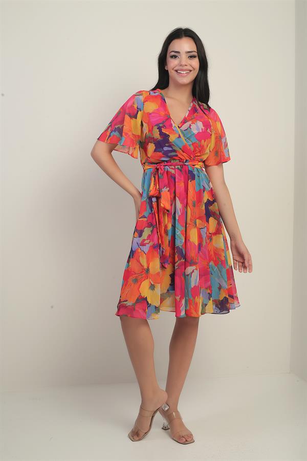 Women's Wrap Neckline Ruffled Sleeve Lined Belted Large Floral Chiffon Dress