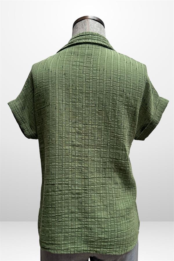 Kadın Polo Yaka Kendinden Desenli Keten Gömlek