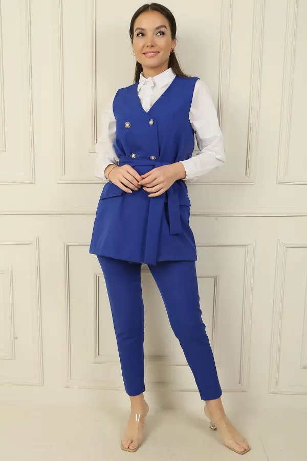 6 Düğmeli Sahte Cepli Kuşaklı Yelek Beli Lastikli Dar Paça Pantolon 2'li Takım