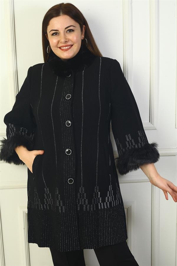 Cardigan grande taille à motif pyramidal pailleté avec col en fourrure amovible et poche boutonnée sur le devant pour femme
