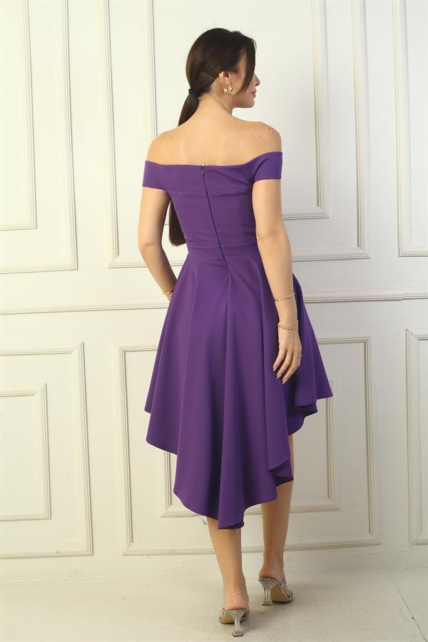 Kadın Madonna Yaka Ön Kısa Arka Uzun Astarlı Kloş Krep Kısa Elbise