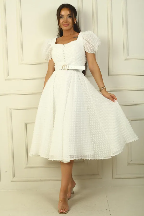 Balloon Sleeve Midi Length Lined Waist Belted Patchwork Fabric Dress