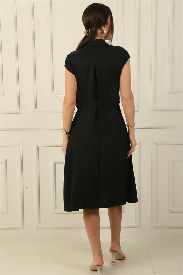 Button-front, belted, pocketed linen-effect dress.