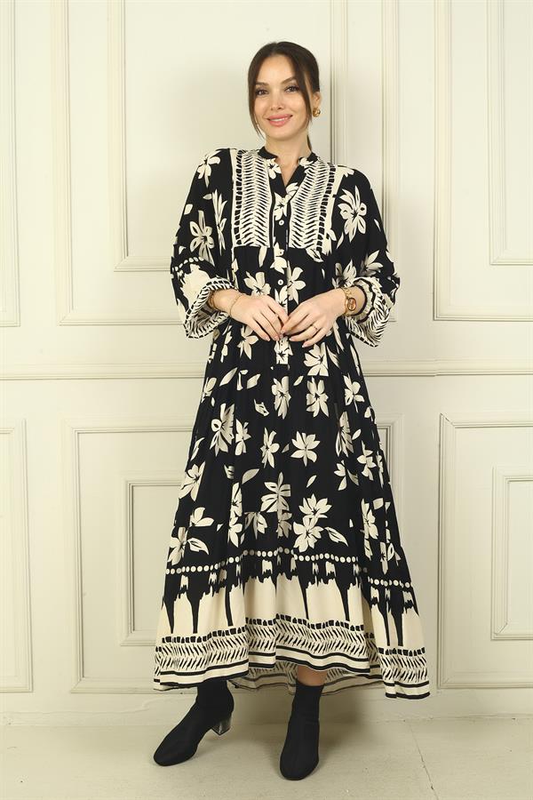 Women's Half-Front Floral Patterned Ruffled Oversize Long Dress