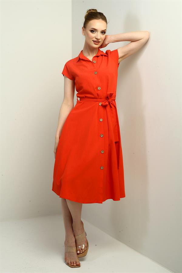 Women's Button-Front Belted Shirt Collar Short-Sleeve Dress