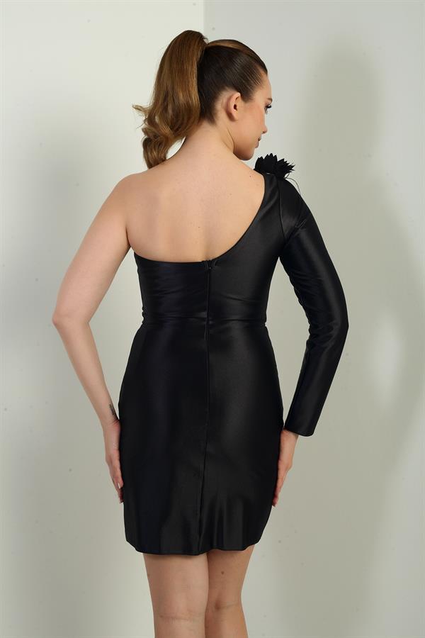 Women's One-Sleeve Short Satin Dress with Floral Detail and Lining