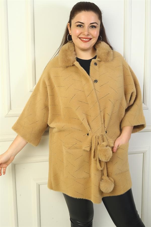 Cardigan en acrylique grande taille pour femme, col en fourrure amovible, boutons-pression sur le devant, poche kangourou, taille nouée