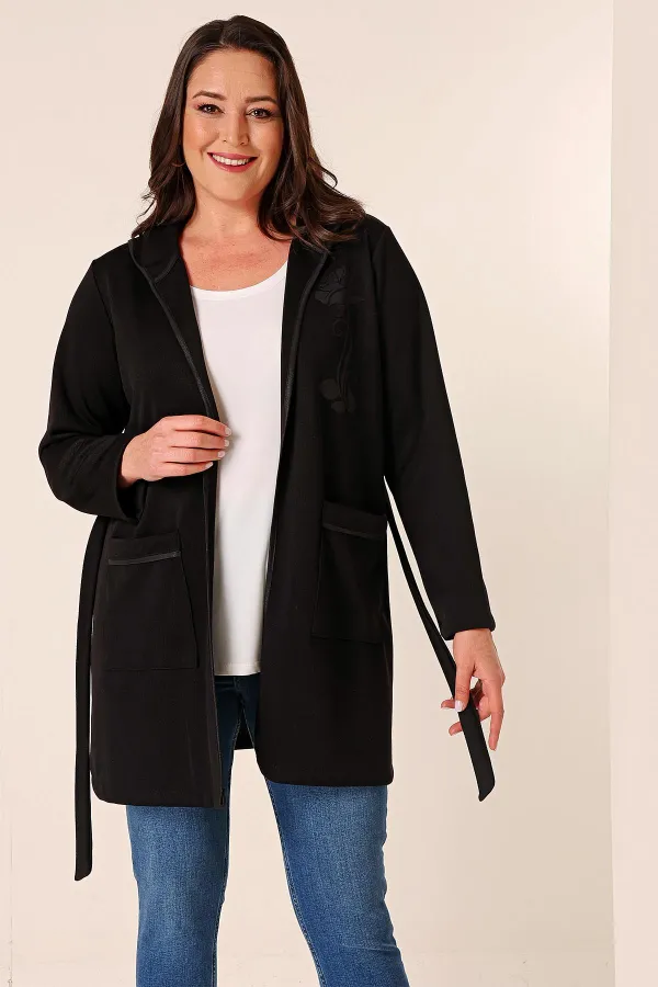 İçi Kolsuz Atletli Kapüşonlu Torba Cepli Kuşaklı Çiçek Baskılı Hırka Büyük Beden 2'li Takım