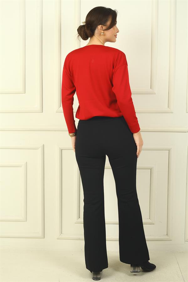 Kadın Beli Lastikli Yandan Cepli İspanyol Paça Çımalı Çelik Pantolon