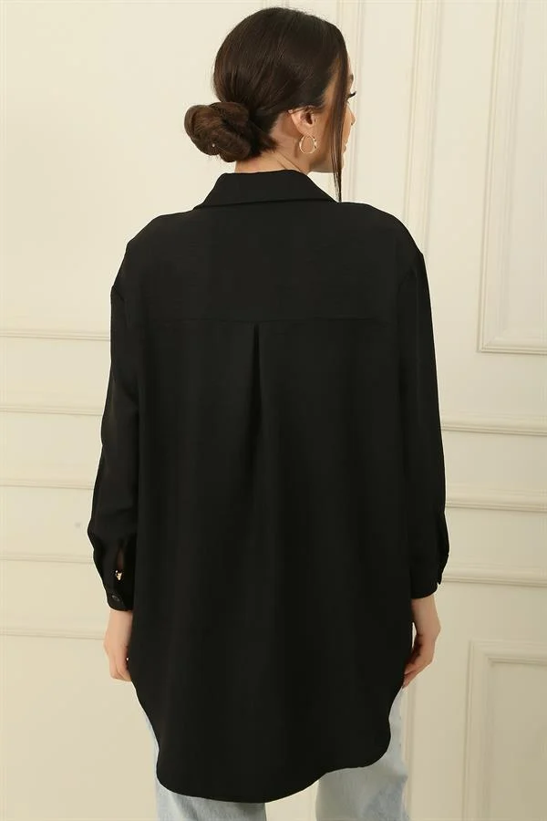 Button-front Shirt Tunic with Pearl Necklace Collar
