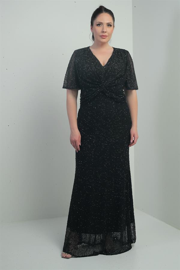 Robe longue doublée à col en V pour femme, ornée d'un nœud sur le devant et de perles, grandes tailles