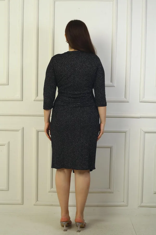 Kadın Kruvaze Yaka Uzun Kollu Astarlı Pileli Beli Aksesuar Detaylı Büyük Beden Simli Kısa Elbise