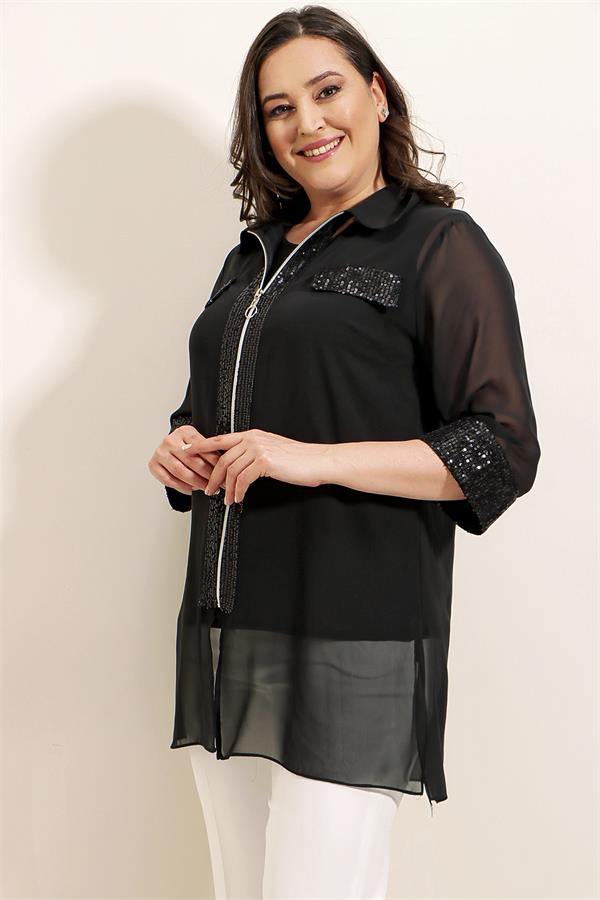 Chemise oversize en mousseline sans manches à fermeture éclair et détails pailletés