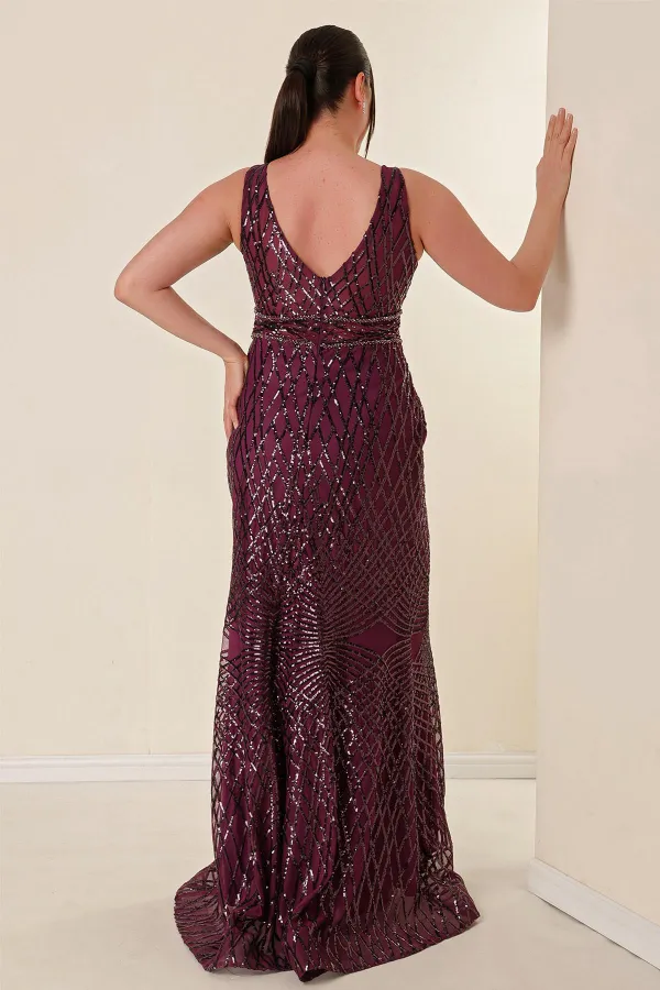 Robe longue à sequins grande taille pour femme, col en V, doublure, détails perlés