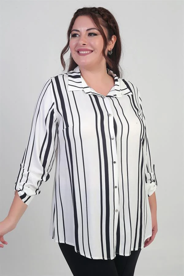 Chemise grande taille pour femme avec manches retroussables et rayures verticales
