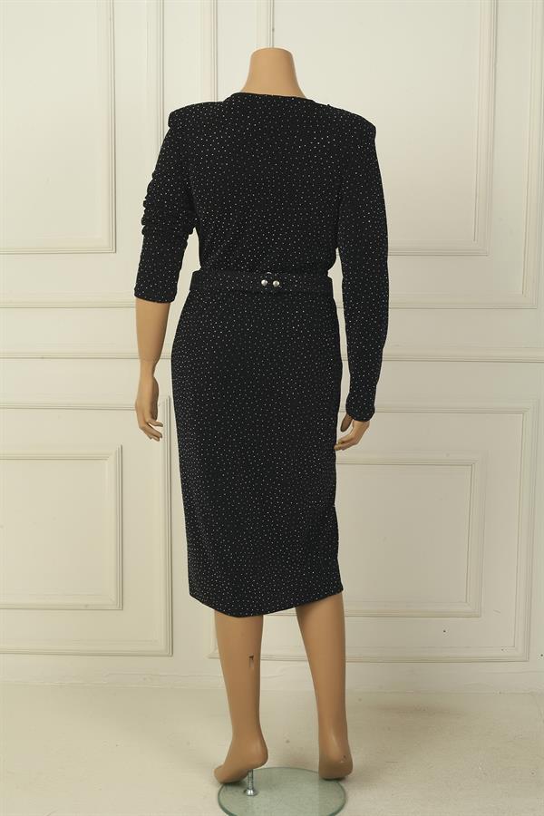 Women's Wrap Collar Belted Lined Embellished Plus Size Midi Dress