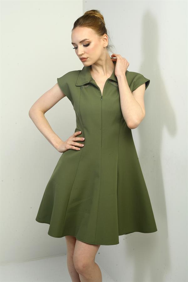 Women's Short Flared Dress with Half Front Zipper and Lace Detail, Self-Interfacing