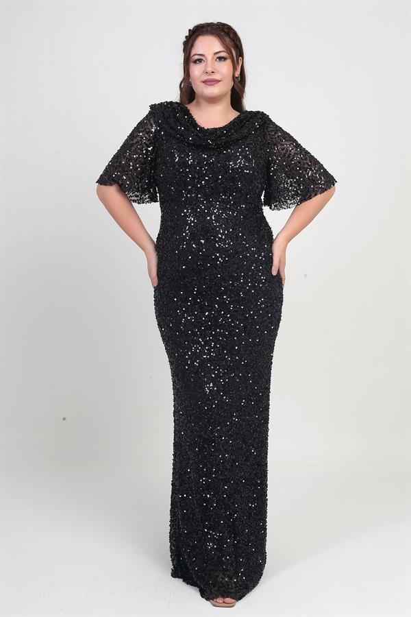 Kadın Degaje Yaka Kısa Kollu Astarlı Pullu Büyük Beden Likralı Elbise