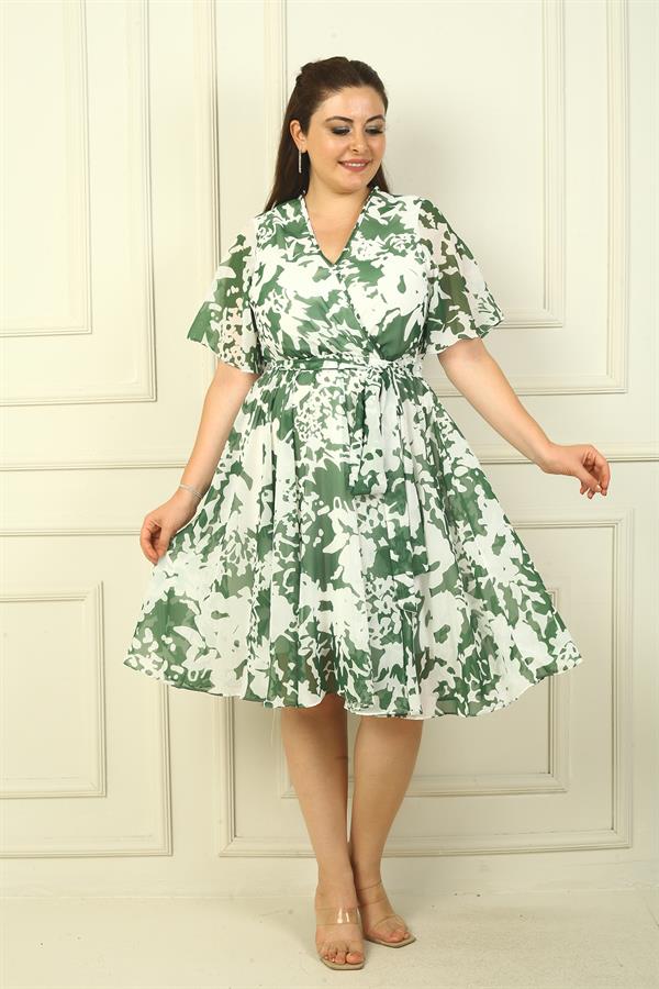 Women's Wrap Neckline Ruffled Sleeve Lined Belted Plus Size Chiffon Dress with Large Roses