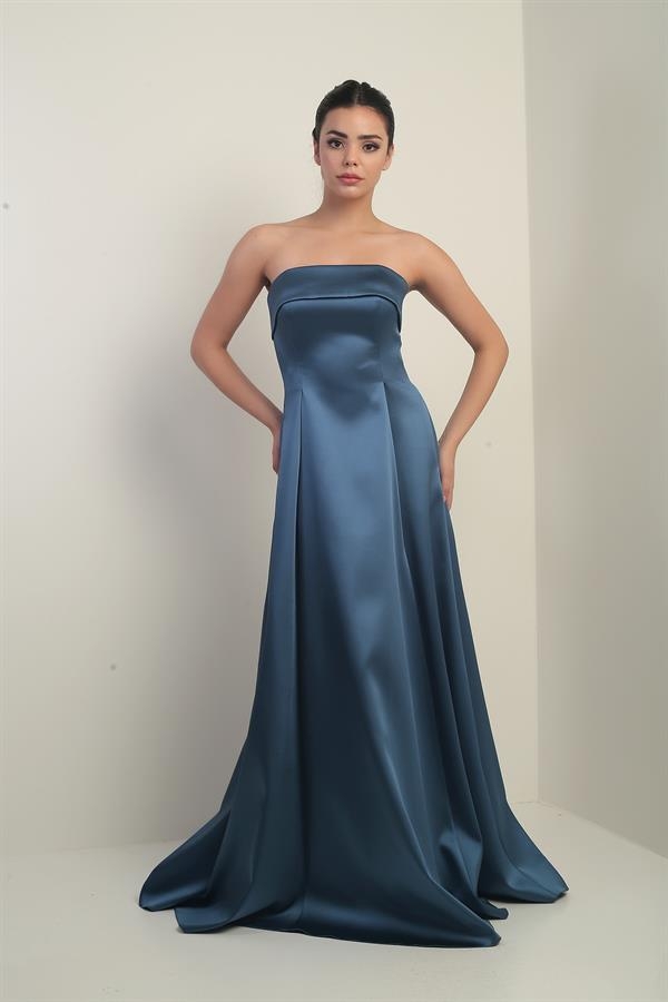 Women's Strapless Lined Long Satin Evening Dress with Pockets