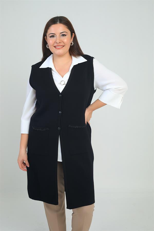 Gilet long en maille grande taille pour femme avec détails rayés sur les poches