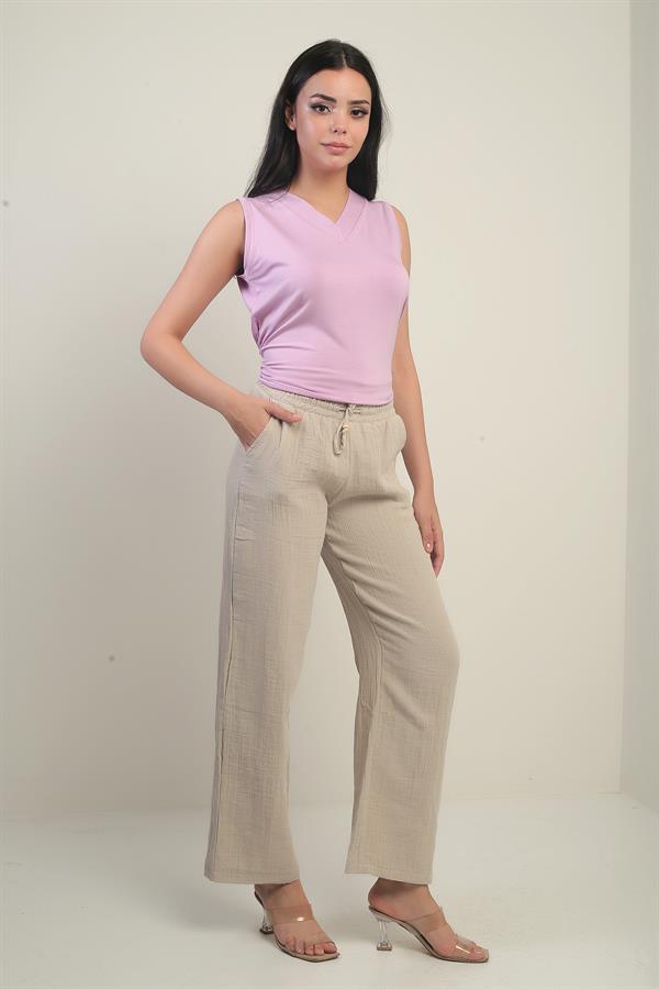 Women's Muslin Palazzo Pants with Elastic Waist and Pockets