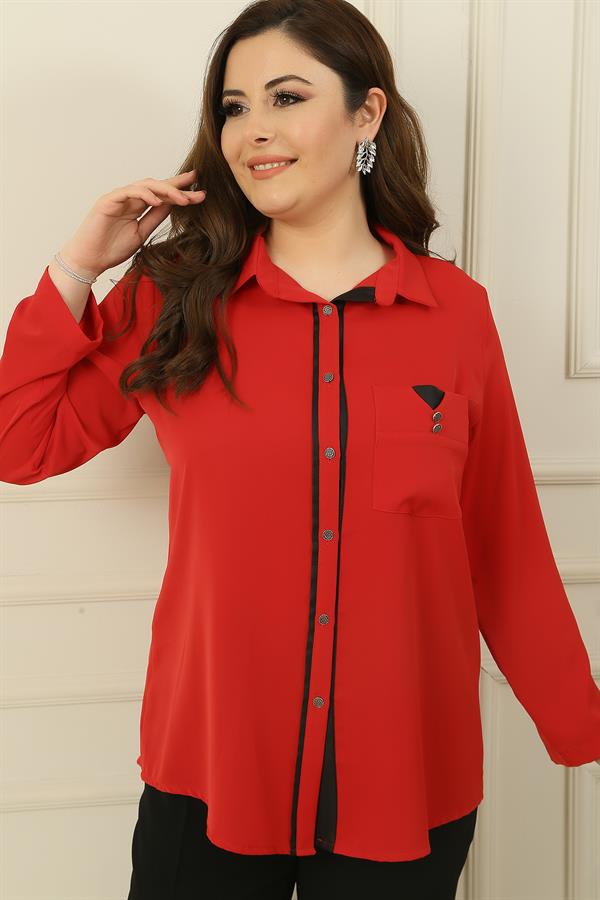 Önü Metal Düğmeli Tek Cepli Truvakar Kol Deri Detaylı Büyük Beden Gömlek