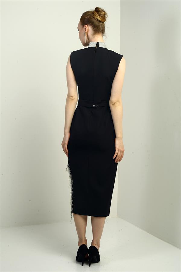 Women's Embellished Mandarin Collar Belted Waist Midi Dress with Side Chain Detail and Slit.