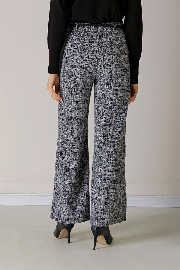 Beli Lastikli Kemerli Yandan Cepli Cam Kırığı Desenli Palazzo Pantolon