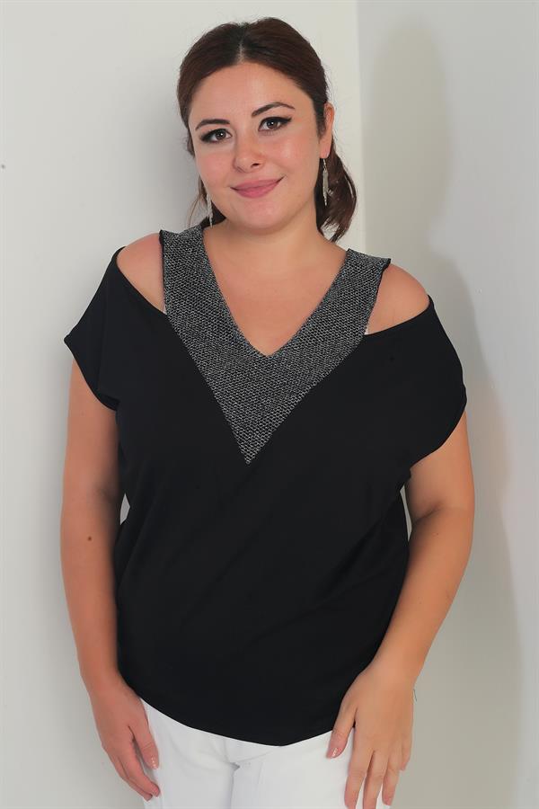 Kadın Ön Arka V Fileli Omuz Dekolteli Likralı Büyük Beden Bluz