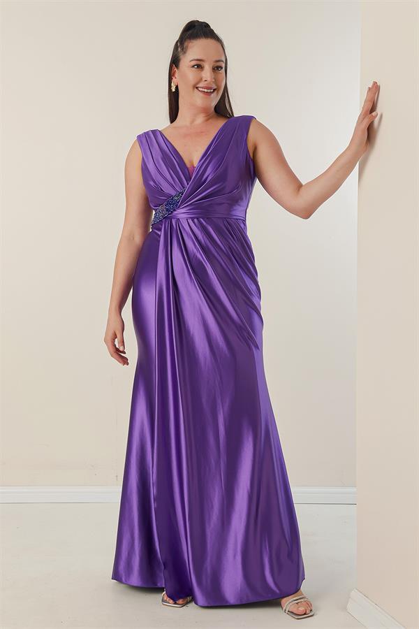 Plus Size Long Satin Dress with Draped Front and Beaded Detail, Lined