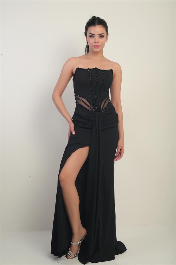 Robe longue bustier pour femme avec détails perlés et doublure transparente à la taille