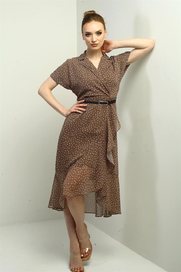 Kadın Kruvaze Yaka Astarlı Çıtır Desen Önü Volanlı Şifon Elbise