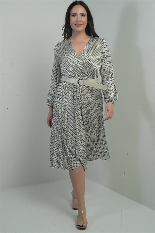 Women's Wrap Neckline Belted Lined Patterned Pleated Midi Satin BB Dress