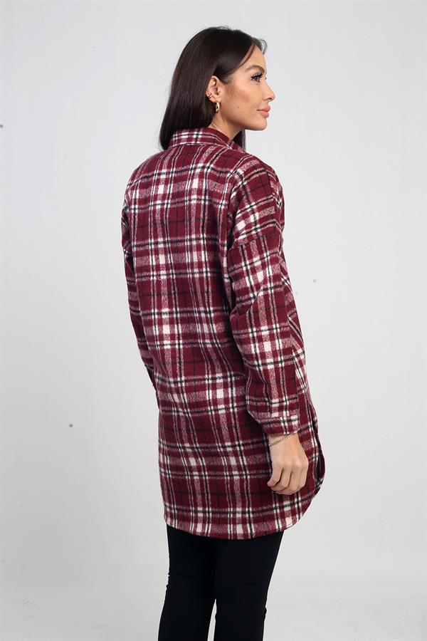 Kadın Yanları Yırtmaçlı Ekose Uzun Gömlek