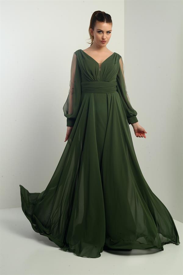 Ön Arka V Yaka Önü Drapeli Kolları Tül Astarlı Geniş Beden Aralıklı Uzun Şifon Elbise