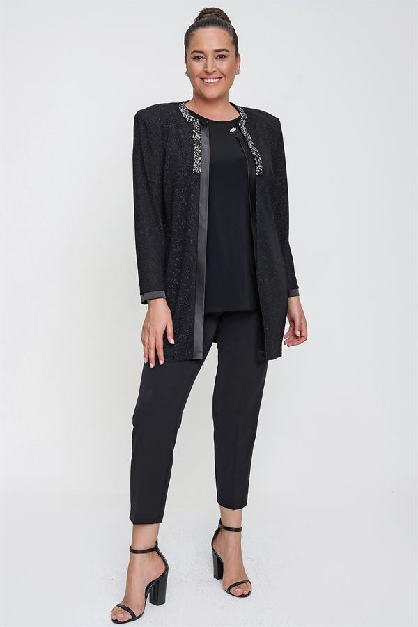 Yakası Taşlı Simli Ceket Bluz Büyük Beden Takım