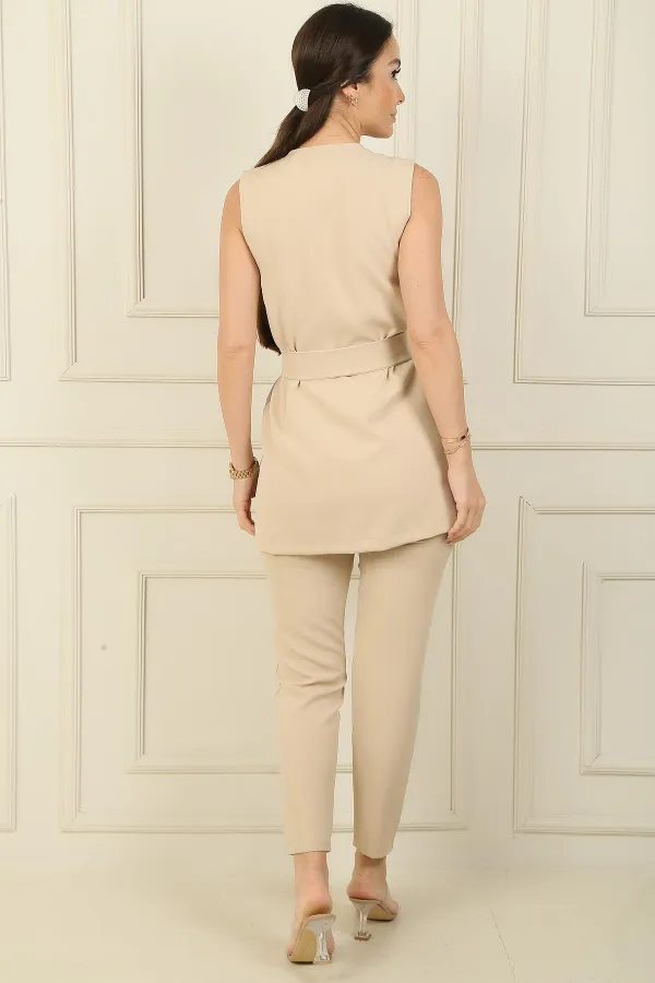 6 Düğmeli Sahte Cepli Kuşaklı Yelek Beli Lastikli Dar Paça Pantolon 2'li Takım