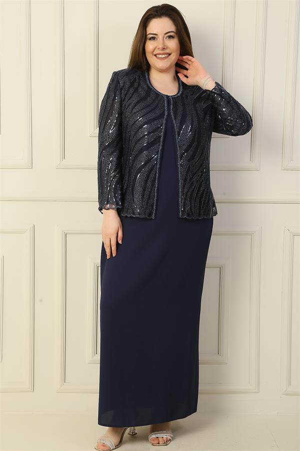 Robe longue à manches demi-lune avec veste en tulle brodée de perles et de sequins, doublée, ensemble deux pièces grande taille