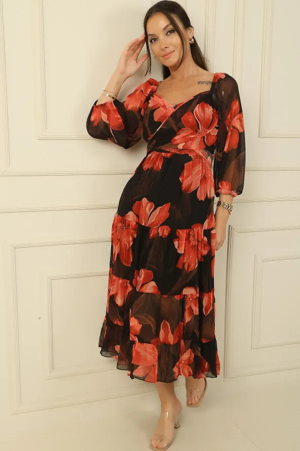 Madonna Collar Lined Cross-Lace Floral Double Breasted Chiffon Dress