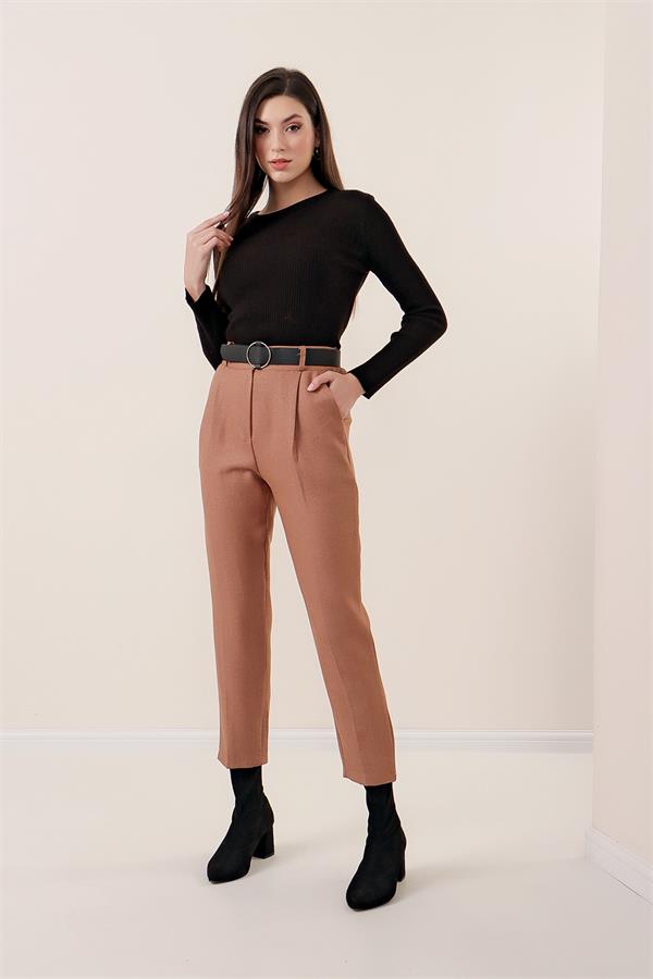 Beli Lastikli Kemerli Yün Efektli Pantolon