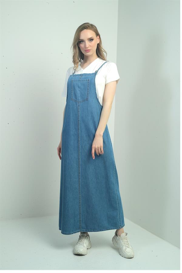 Gilet long en jean à fines bretelles pour femme avec poches avant Gilet long en jean à fines bretelles pour femme avec poches avant